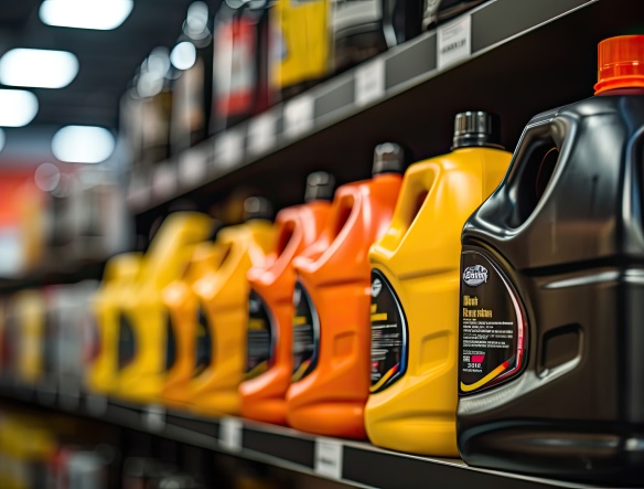 close up of oil canisters sitting on a shelf inside the shop